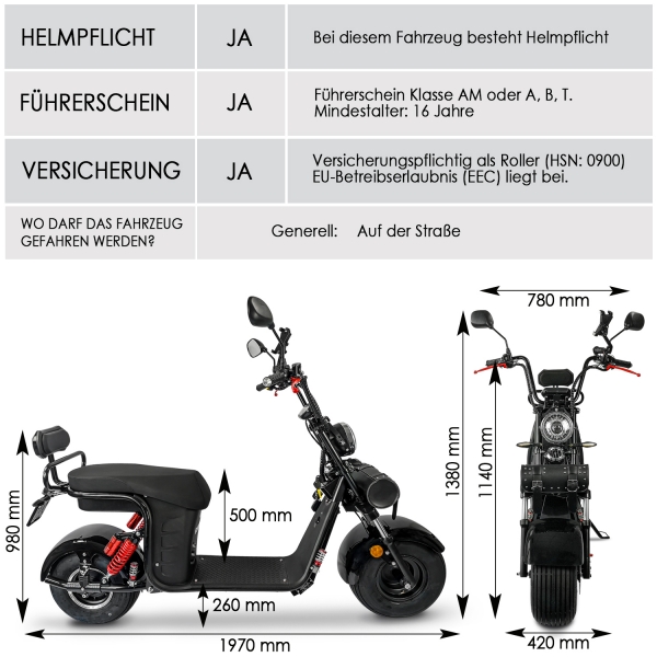 Rolektro E-Chopper 45 km/h | Lithium-Akku | 2-Personen | Akku herausnehmbar