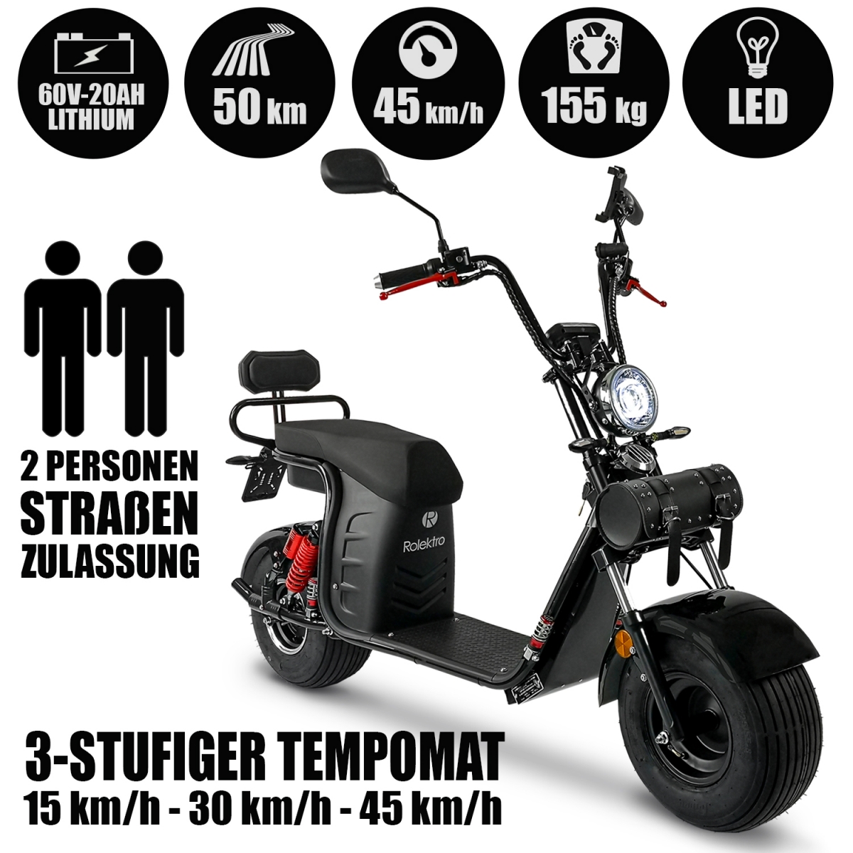 Rolektro E-Chopper 45 km/h | Lithium-Akku | 2-Personen | Akku herausnehmbar